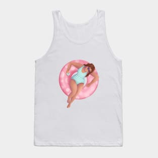 Girl In Swimming Pool Illustration, pink polka dot floaty Tank Top